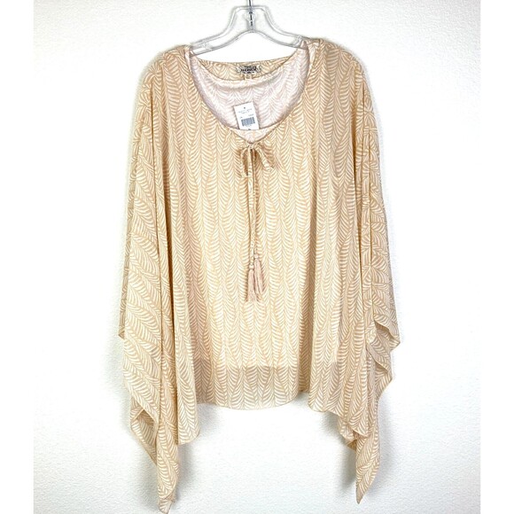 One World NWT Geometric Print Chiffon Poncho Top Size XL Wheat Tan Cream Boho - Picture 1 of 9